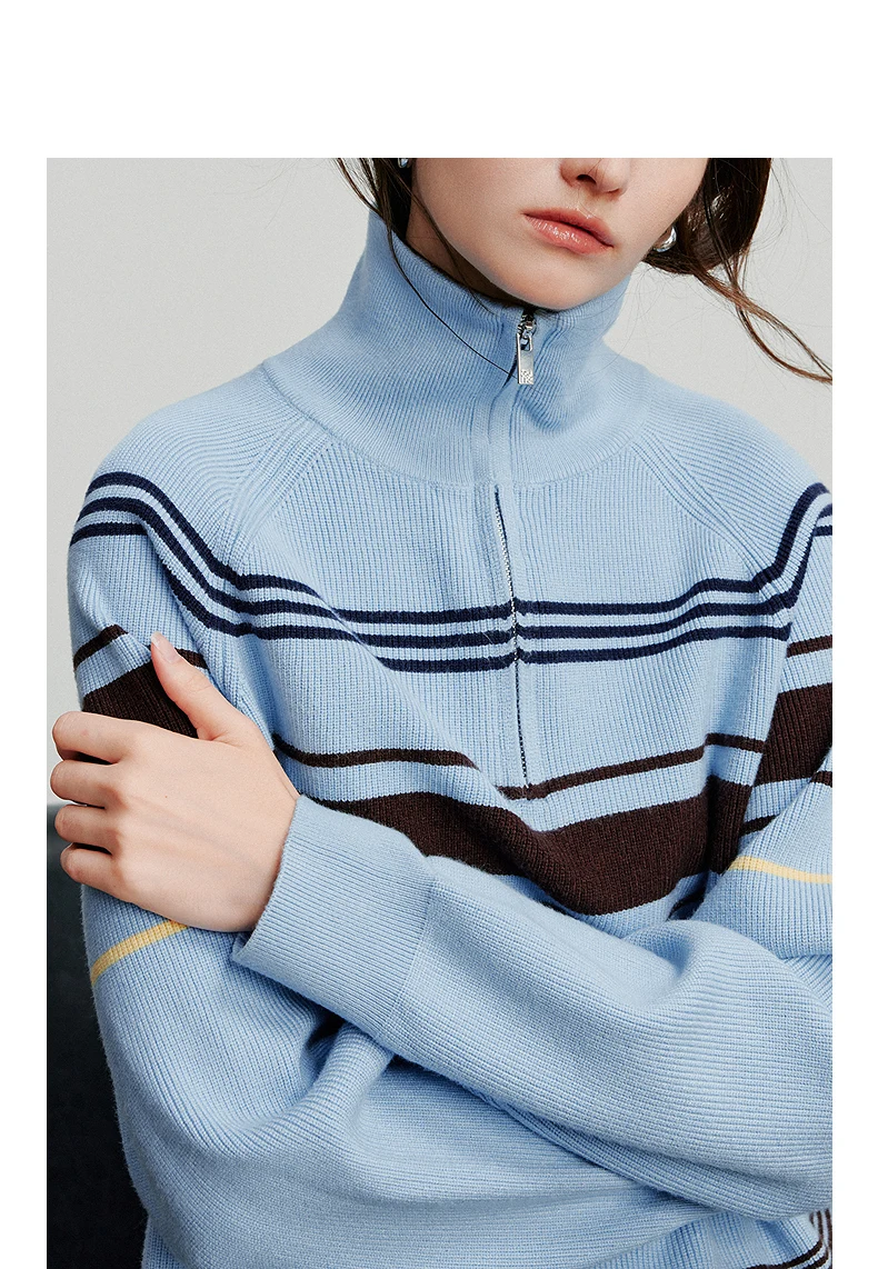 TOYOUTH Women Knitted Sweater 2026 Autumn New Fashionable Style Striped Zipper High Collar Woolen Pullover Sweater Tops