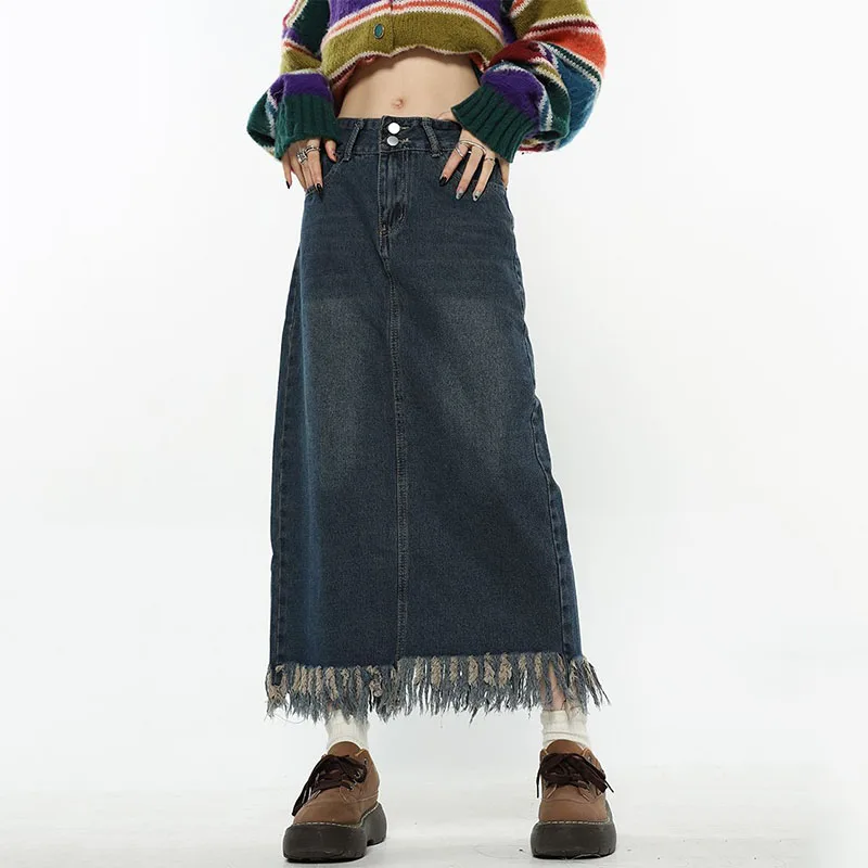 

Harajuku Denim Skirts for Women High Waist Tassel Long Skirts Retro American A-line Slim Jeans Skirts Hot Girls Fashion Clothing