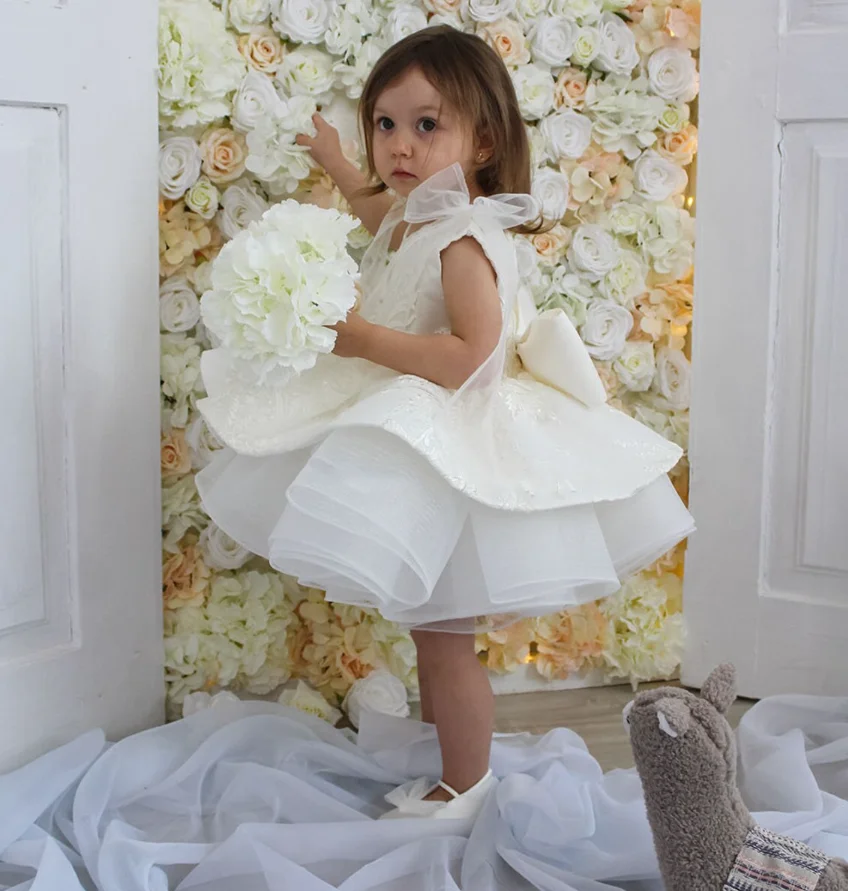 Ivory Puffy Flower Girl Dress for Wedding Tulle Sleeveless Ruffles Knee Length Kids First Communion Pageant Birthday Ball Gown