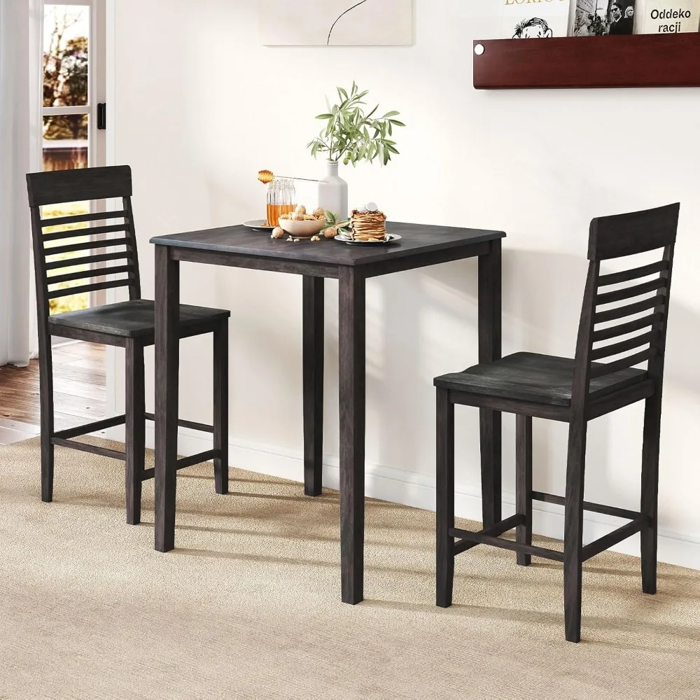 

3-Piece Bar Table Set, Square Counter Height Kitchen Table and 2 Chairs Set with Rubber Wood Frame, Pub Dining Table Set for Di