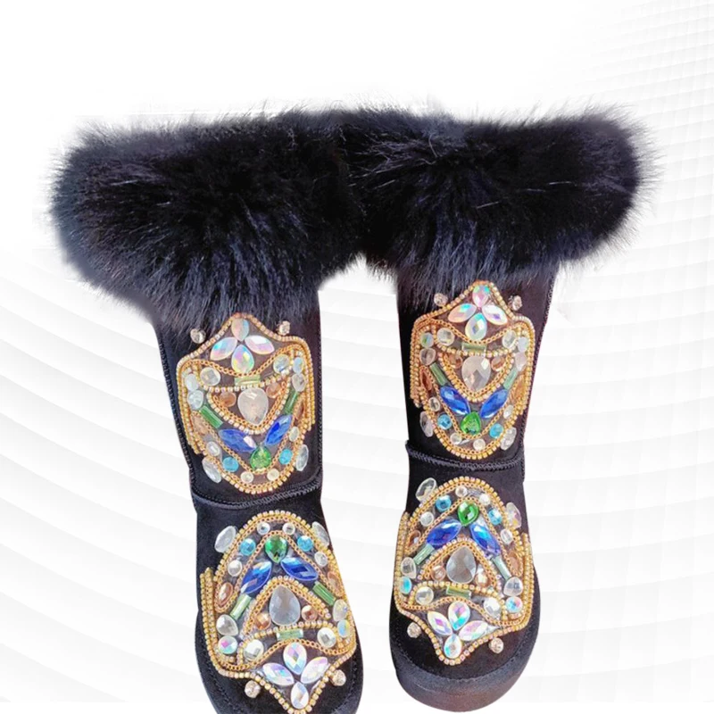 Super Fox fur heavy work rhindiamonds accessories party banquet Fur one snow boots tall large size women's cotton shoes 35-44