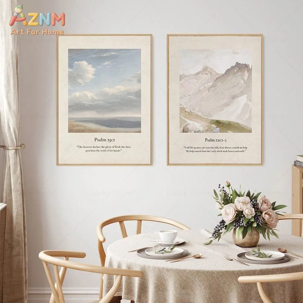 AZNM Christian Psalm Bible Verse Landscape Canvas Painting Vintage Scripture Wall Art Print for Home Decor