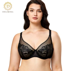 Women's Sexy Sheer Floral Lace Bra Plus Size Unlined Underwire Full Coverage Lightweight