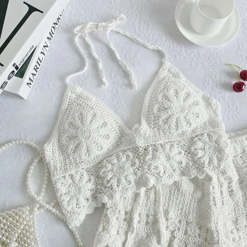 Tassel Lace Flower Camisole Ethnic Style V-neck Knitted Hollow Vest Embroidery Swimsuit Bohemia Style Crochet Tops Summer