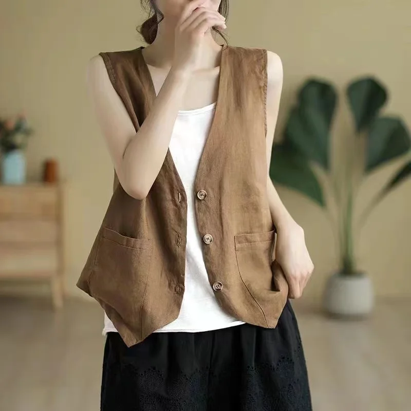 2024 Retro Loose Waistcoat Lady Outerwear Single Row Buckle Cardigan Vest Women Coat Solid Color Short Sleeveless Female Jacket