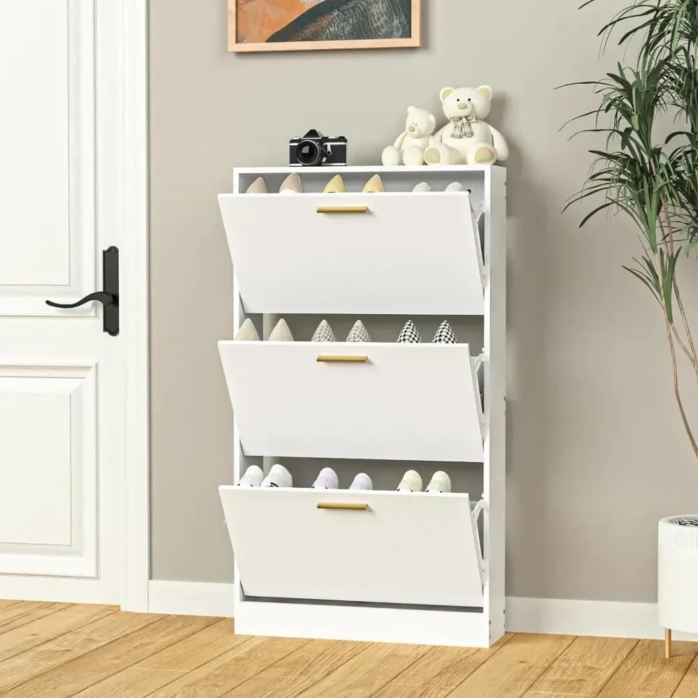 

Narrow shoe cabinet, entrance shoe cabinet with 3 flip-out drawers, wooden hidden shoe cabinet, organizer