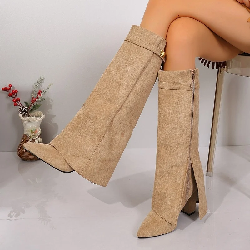 Botines de Terciopelo de Tacón Alto a la Moda con Cremallera Lateral para Mujer, Botas de Invierno con Punta Puntiaguda, Botas para Pantalones Anchos, Marca China