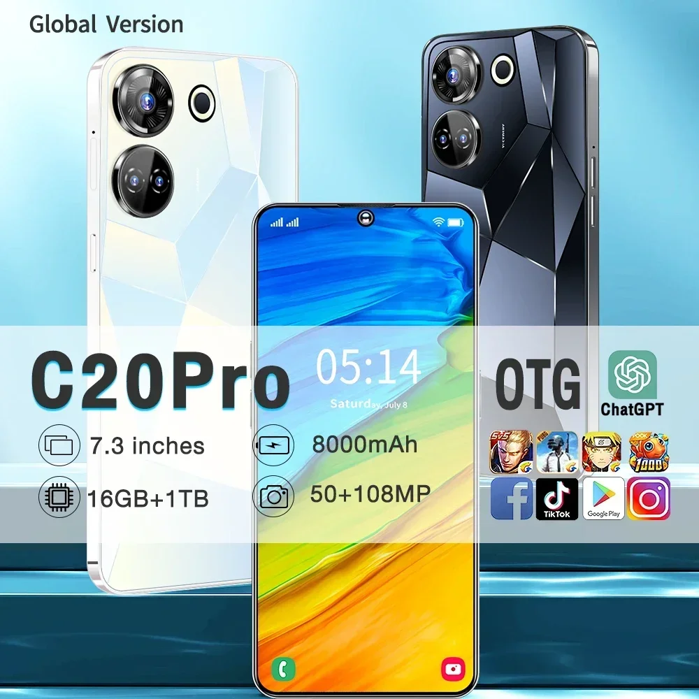 

Оригинальный смартфон C20 Pro, 7,3 дюйма, HD, Android13, 22 ГБ + 2 ТБ, 8000 мАч, глобальная версия, игровой телефон 5G, разблокировка лица Fingerprin NFC