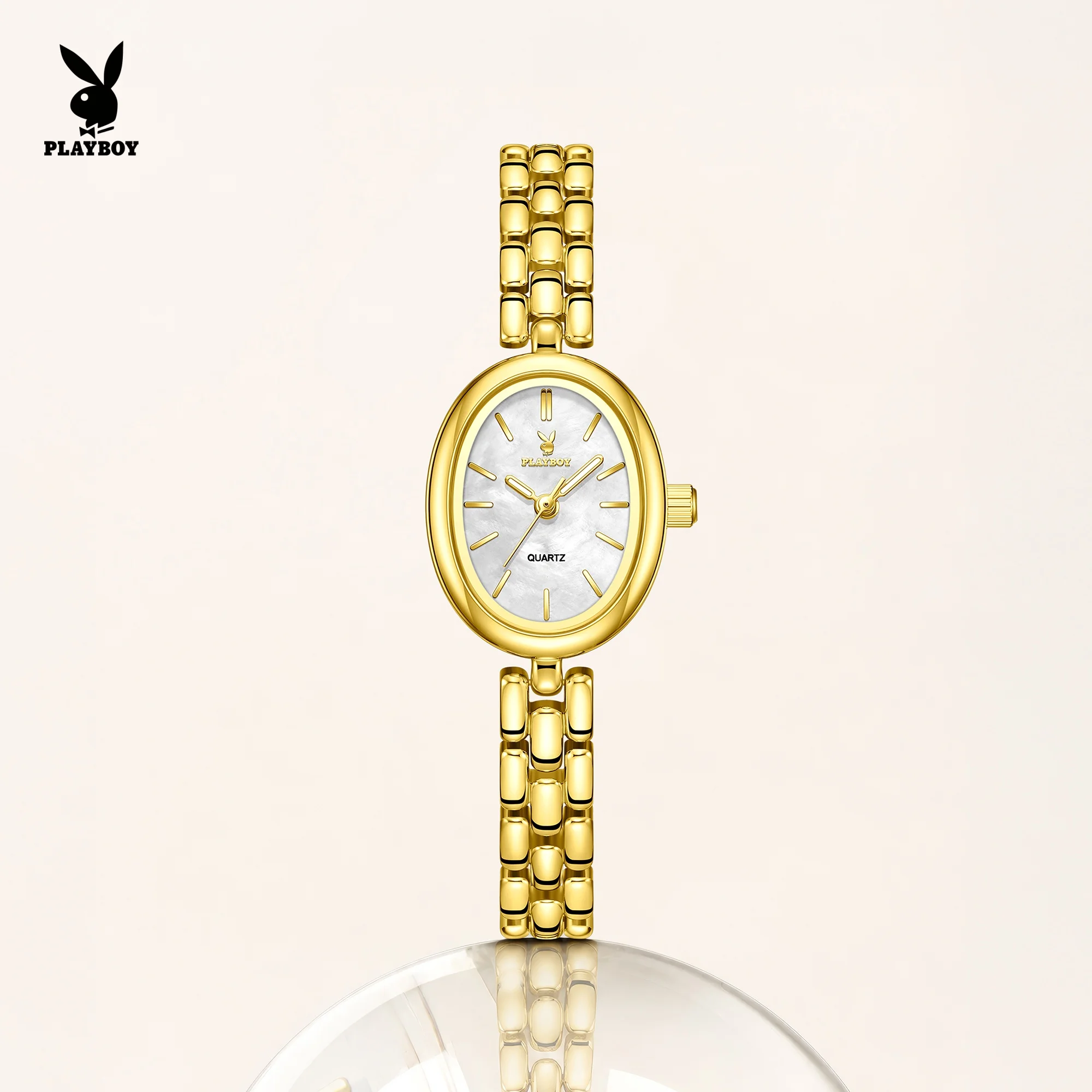 

PLAYBOY 3563 Brand Fashion Watch Small Oval Dial Stainless Steel Strap HD Luminous Function 30m Waterproof Elegance Watch Women