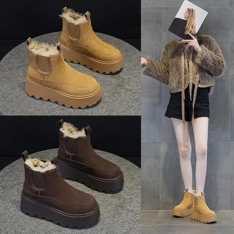 

Real Leather Fleece Lined Snow Boots Women's Cotton Shoes Thick Heel Short Boots Casual Style round Toe Daily Wear