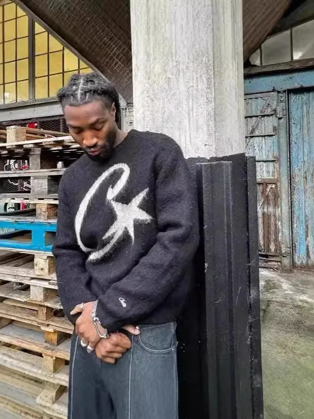 Y2K Pakaian Rajut Ne Bulat Besar Pria Sweater Musim Dingin Sve Overhead Panjang Campuran Katun Mode Kasual Remaja