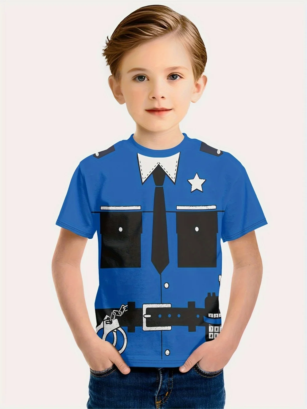 Kinder-T-Shirt für Jungen, cooler Polizei-Abzeichen-Aufdruck, modisch, Rundhalsausschnitt, kurze Ärmel, Sommer, Outdoor-Sport, perfektes Geschenk-T-Shirt für Jungen – Detail 7