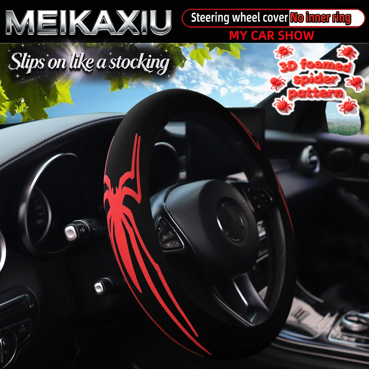 3D Spider Car Steering Wheel Cover No Elastic Band Or Inner Ring Convenient like Putting on Socks New Design Auto Accessory