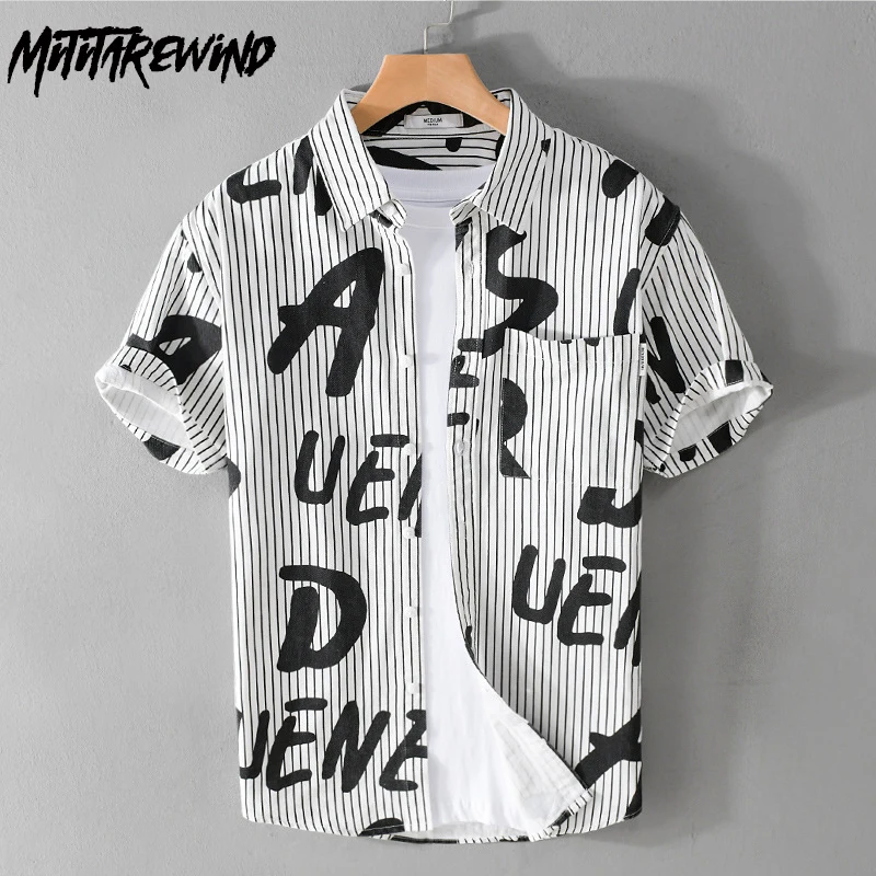 

Summer Shirt Men High Street Causal Shirts 100% Cotton Comfortable Striped Letter Printed Short Sleeve Shirt Fashion Streetwear