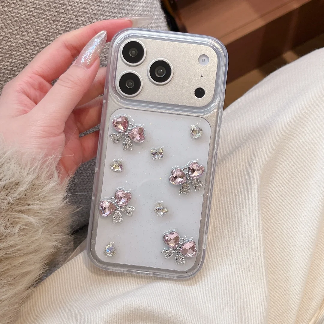 

Cute 3D Anime Diamond Heart Bow Phone Case For iPhone 17 16 15 14 13 Pro Max Anti-drop Clear Soft Silicone Cover﻿