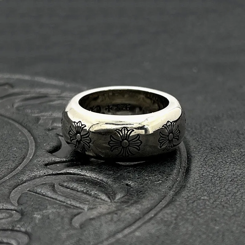 

S925 sterling silver retro rough version ring cross flower ring men's and women's personality hip-hop domineering ring classic