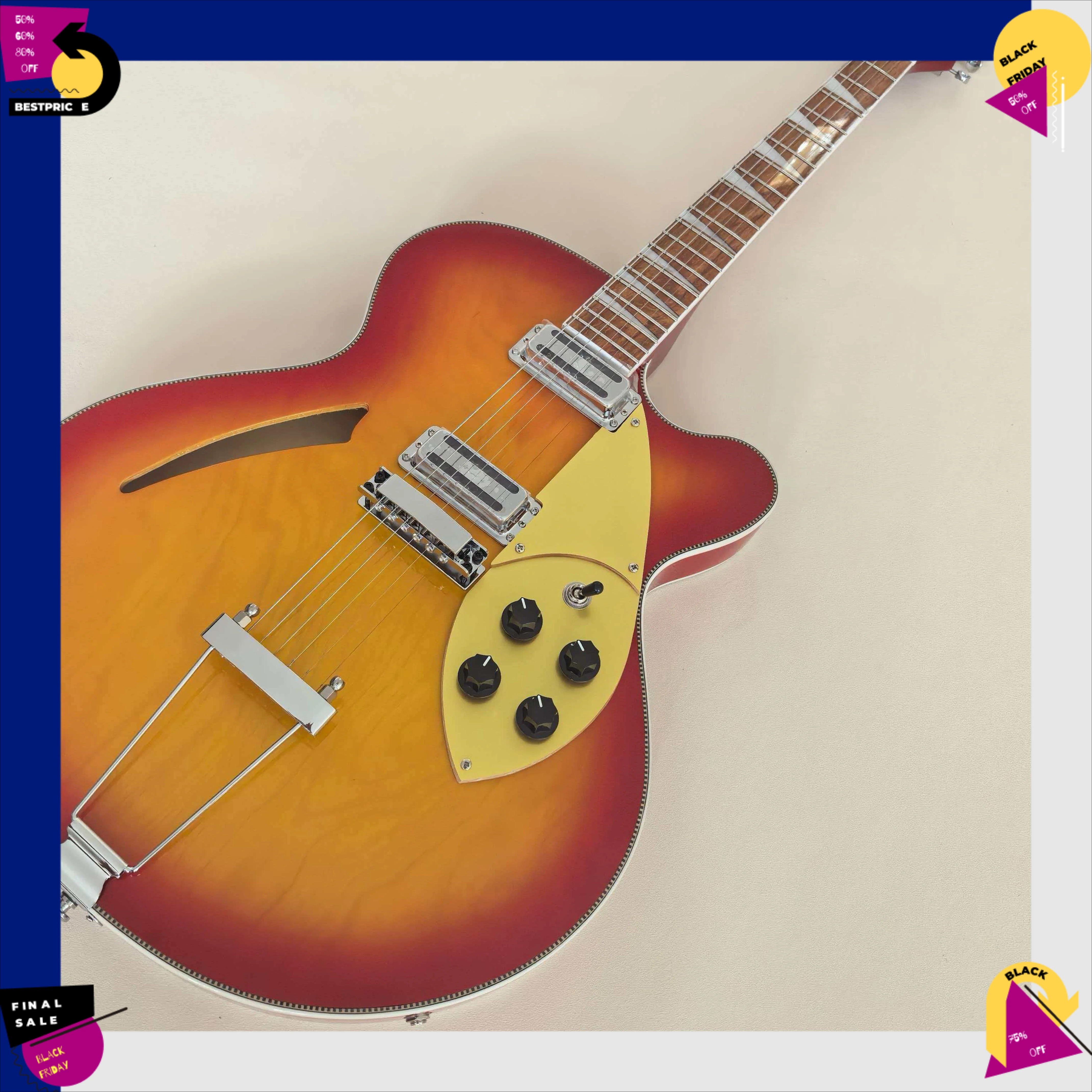 Electric Guitar Semi-Hollow Jazz Electric Red-Orange Sunburs Gold Alien Triangle Pickguard Trapezoid Cantilever Tailpiece