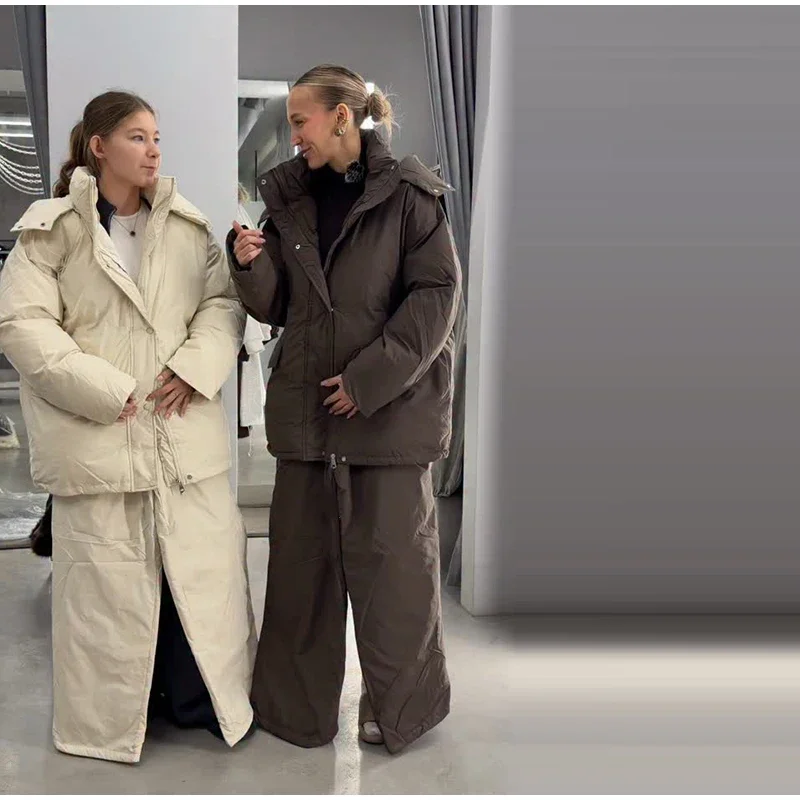 Damen-Winterhosen-Sets, Kapuzenjacken mit langen Ärmeln und Reißverschluss, übergroße, wattierte Jacken, Hosen mit weitem Bein, Herbst-Outfits für Damen, einfarbig, locker geschnitten. – Detail 17