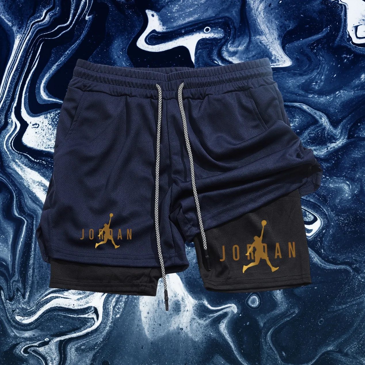 Short de sport 2 en 1 pour hommes, imprimé croisé, doublé de compression, short de sport, sac pour téléphone, housse de serviette, marche de haute qualité