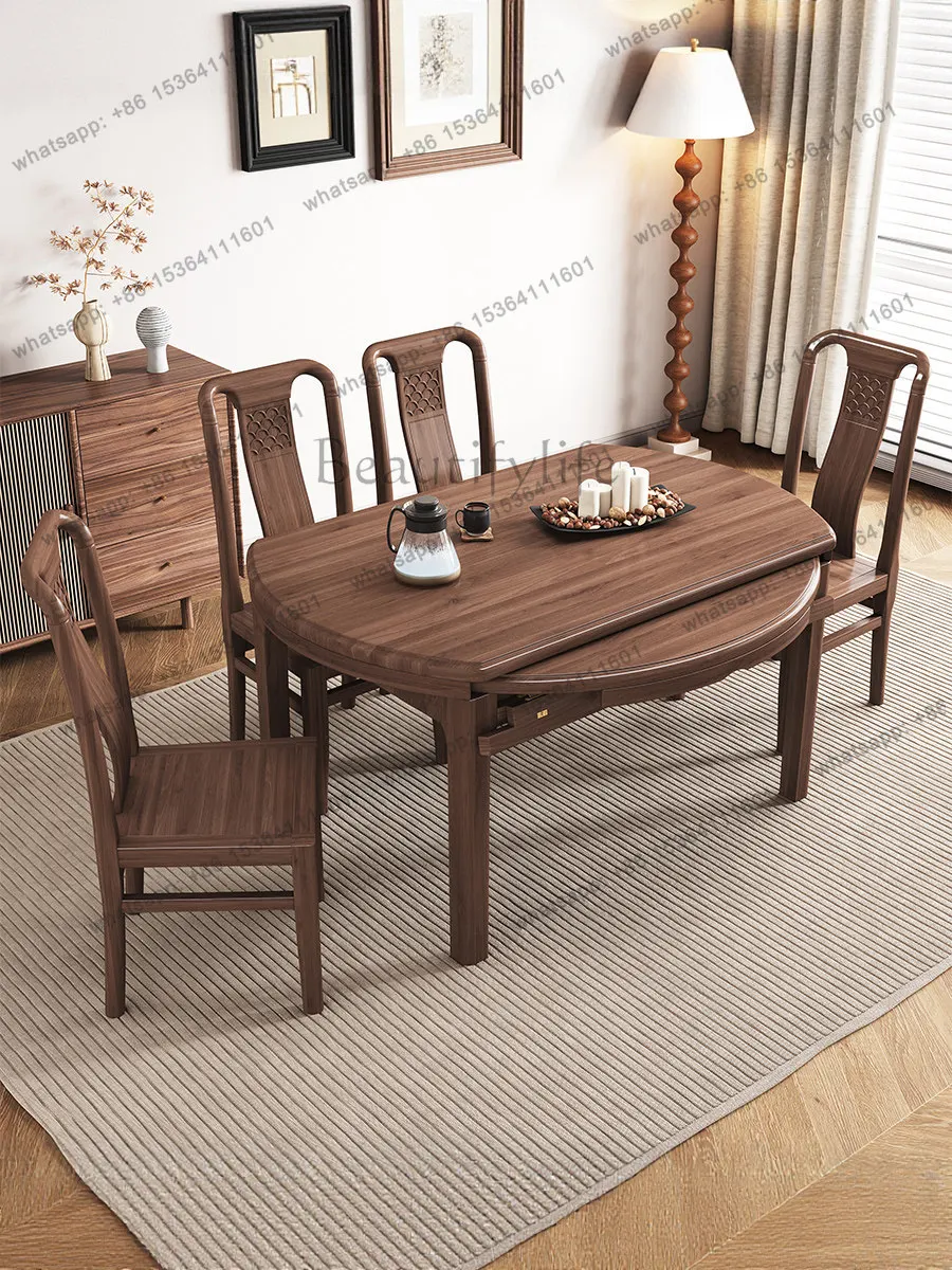 Black walnut solid wood dining table can be folded and deformed, square and round dual-purpose simple turntable combination