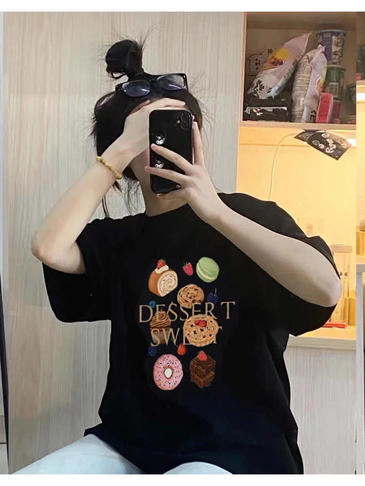 

Summer Korean Style Cotton Women T Shirt Y2k Cute Sweets Desserts Print Short Sleeve Kawaii Retro Design for Dating Shopping