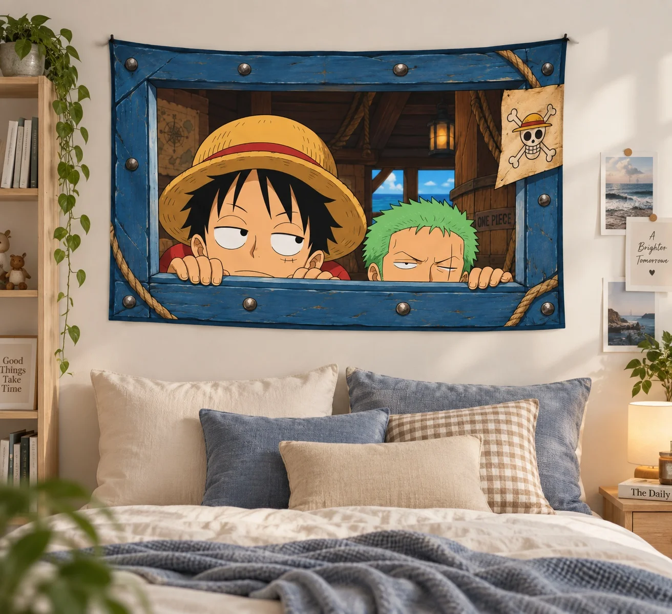 Tapiz decorativo con motivos de One Piece, Luffy y Zoro, para marco de ventana, con diseño de barco pirata azul, calavera y bandera, ideal para colgar en la pared y decorar el hogar, perfecto para los fans del anime.
