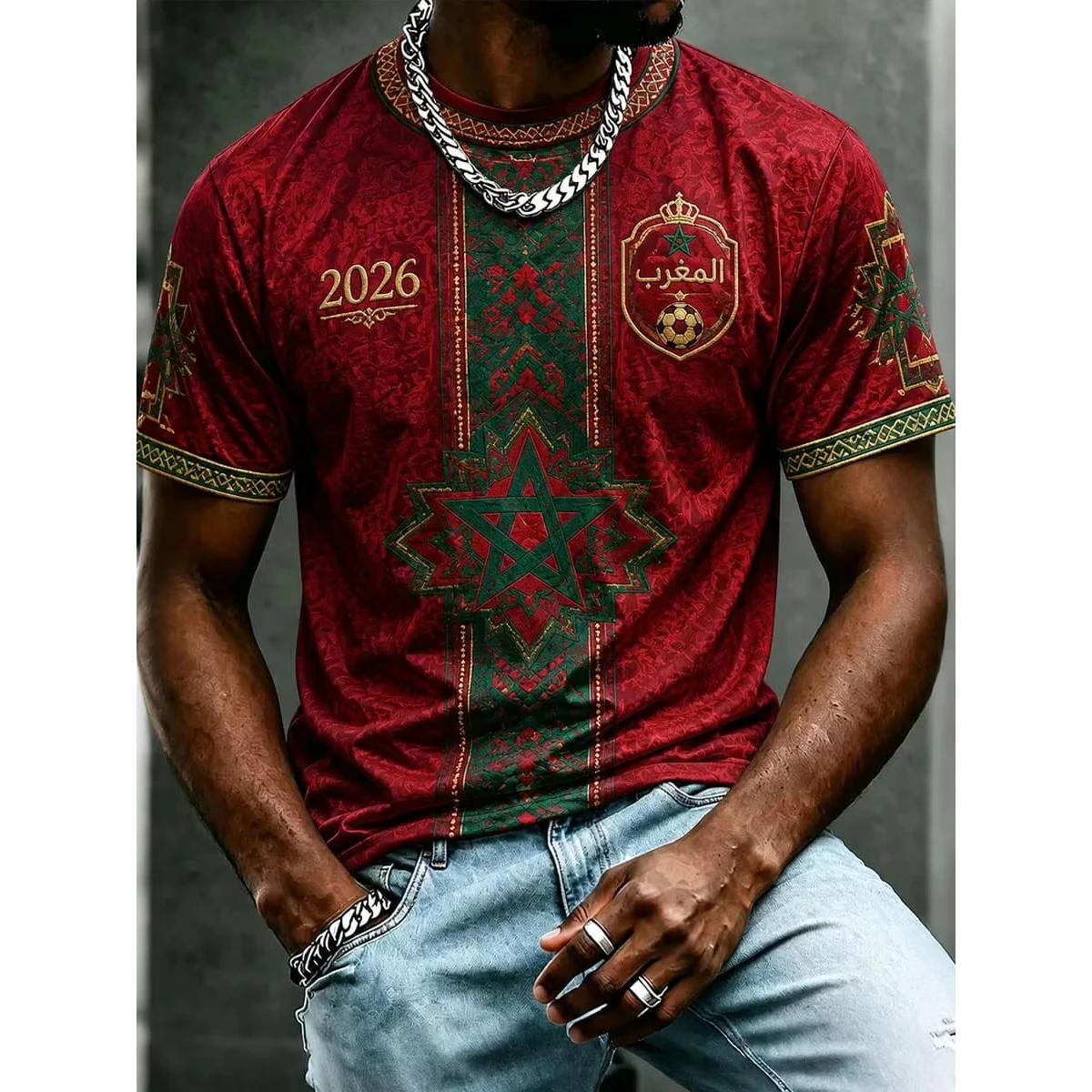 2026 Moroccan Folk-style Casual Retro Football Commemorative T-Shirt Summer Breathable Soft Streetwear Top for Men Women Kids