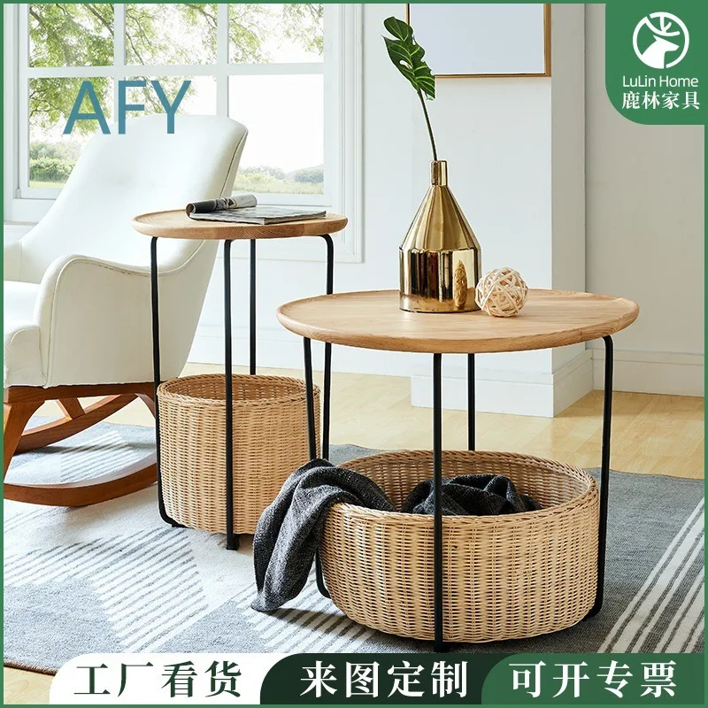 Nordic Style Small Space Solid Wood Coffee Table Set Double Layer Assembled Living Room Side Corner Table Woven Rattan Look