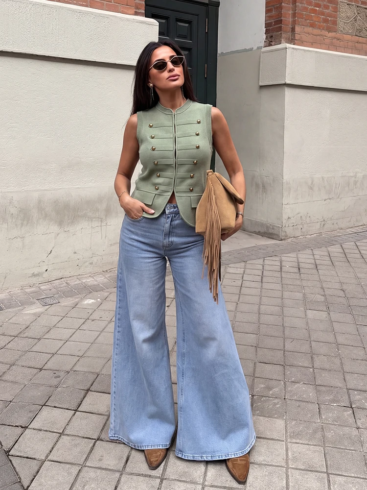 

HH 2026 Fashion Women Single Row Hidden Button Decoration Knitted Vest Top Woman Solid Stand Collar Sleeveless Slim Short Vest