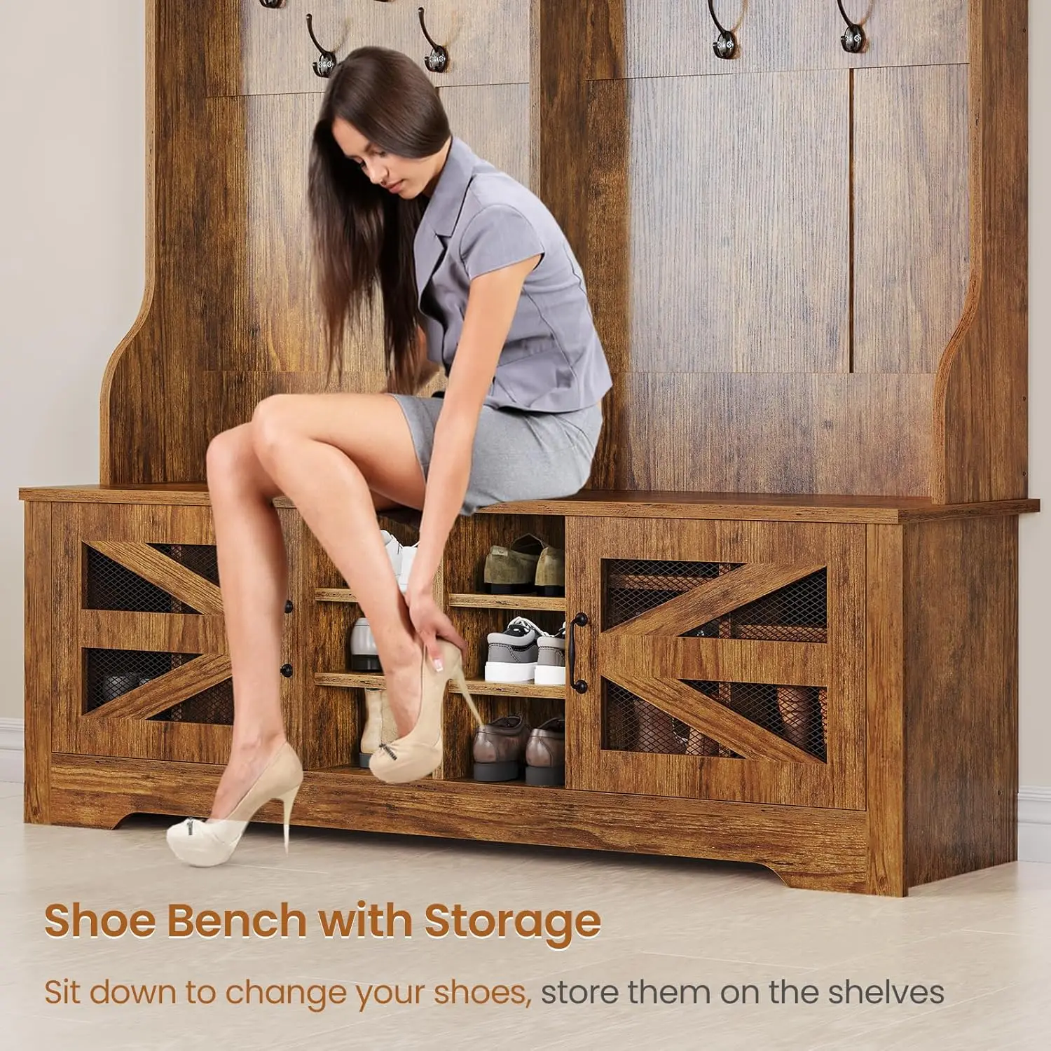 مقعد المدخل مع رف المعاطف، 16 حجرة للأحذية، 12 خطافًا، رف قابل للتعديل، بني ريفي #6