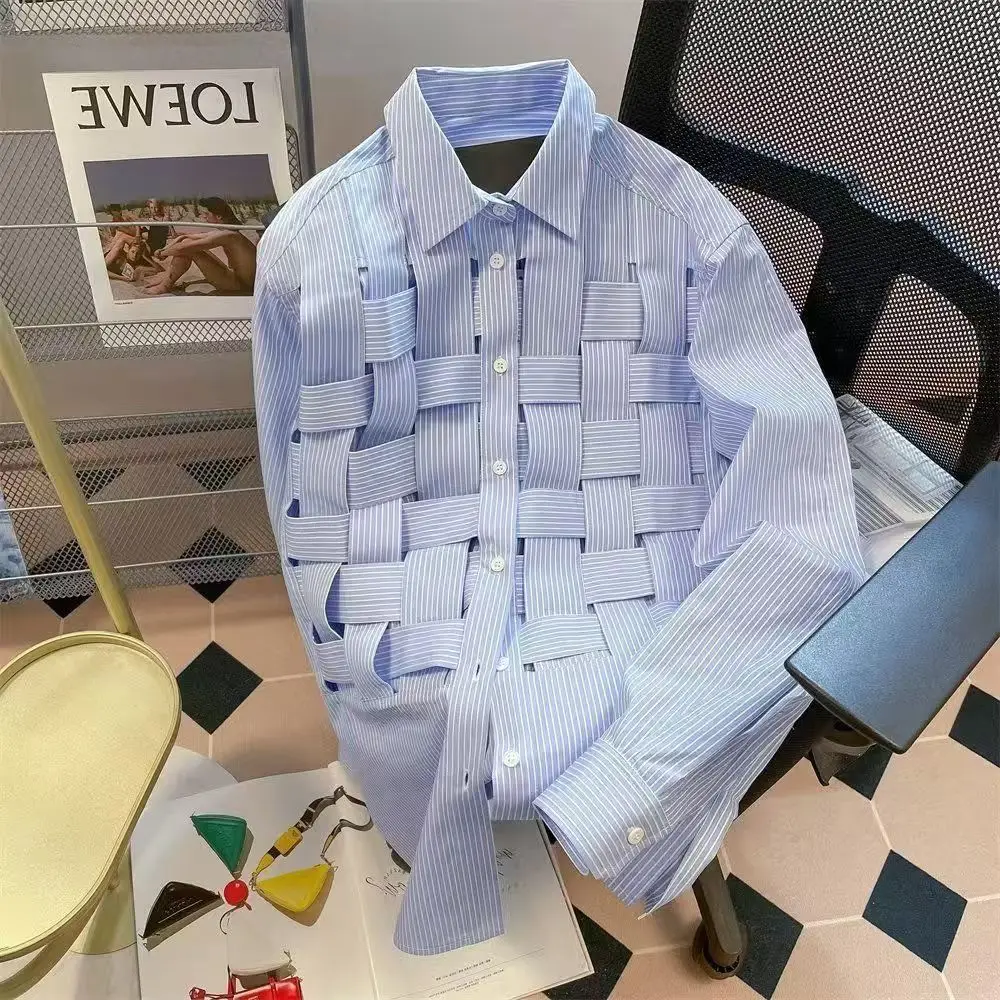 

Spring Autumn Fashion Men Business Shirt Outdoor Street Chic Design Male Casual Long Sleeve Hollow Weaving Shirts For Male Tops