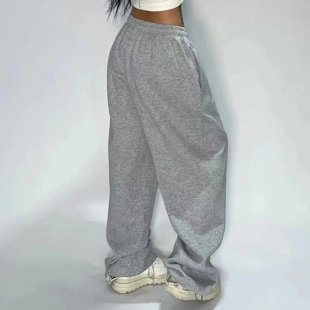 

Grey Wide Leg Joggers Solid Color Pattern Vintage Streetwear Classic Oversized Design Polyester Fabric Slight Stretch