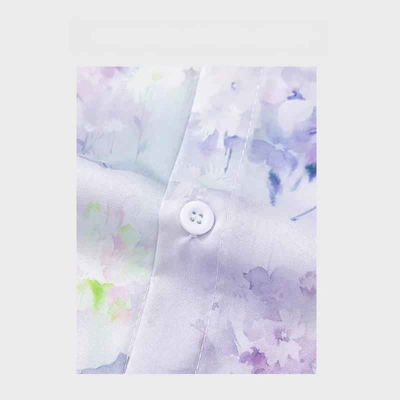 Summer Purple Garden Floral Print Loose Short Sleeve Shirt Vintage Travel Issuance Men's Casual Sharp Collar Daily Wear