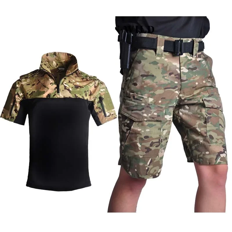 

Cargo Shorts Men Camouflage Suits Summer Tactical Shirt Casual Men Short Pants+Shirts Army Clothing Camo Men Hiking Cargo Shorts