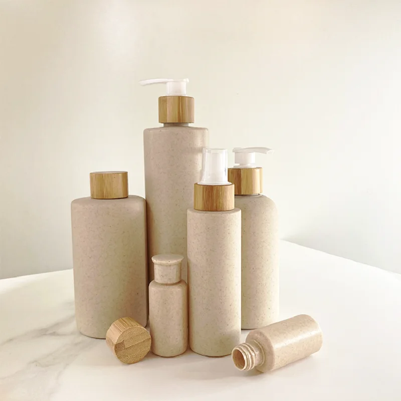 Wholesale 100/250/300/400ML Recycled Biodegradable Wheat Straw Lotion Plastic Shampoo Pump Bottles with Bamboo Lids Flat Cylinde