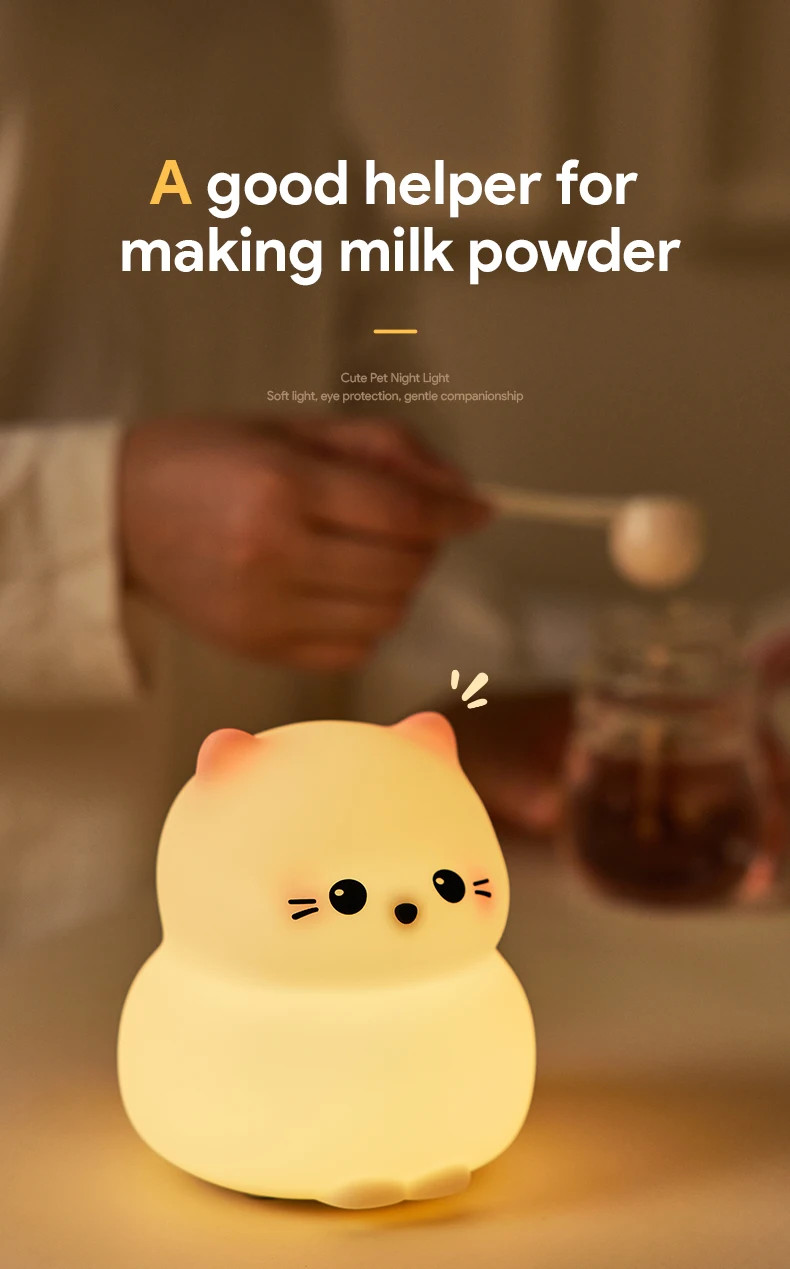 Guardian Kitty Silicone LED Night Lights USB Rechargeable Sleep Night Lamp Timing Bedside Room Decor Kids Baby Nightlight Gift