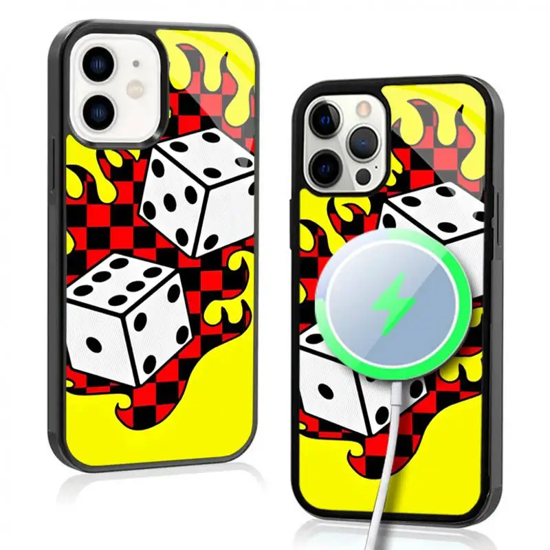 Soft Dice Fire Flame Checkpoint Case For iphone 11 12 13 14 15 Plus Pro Max Mirror Acrylic For Magsafe Wireless Charging