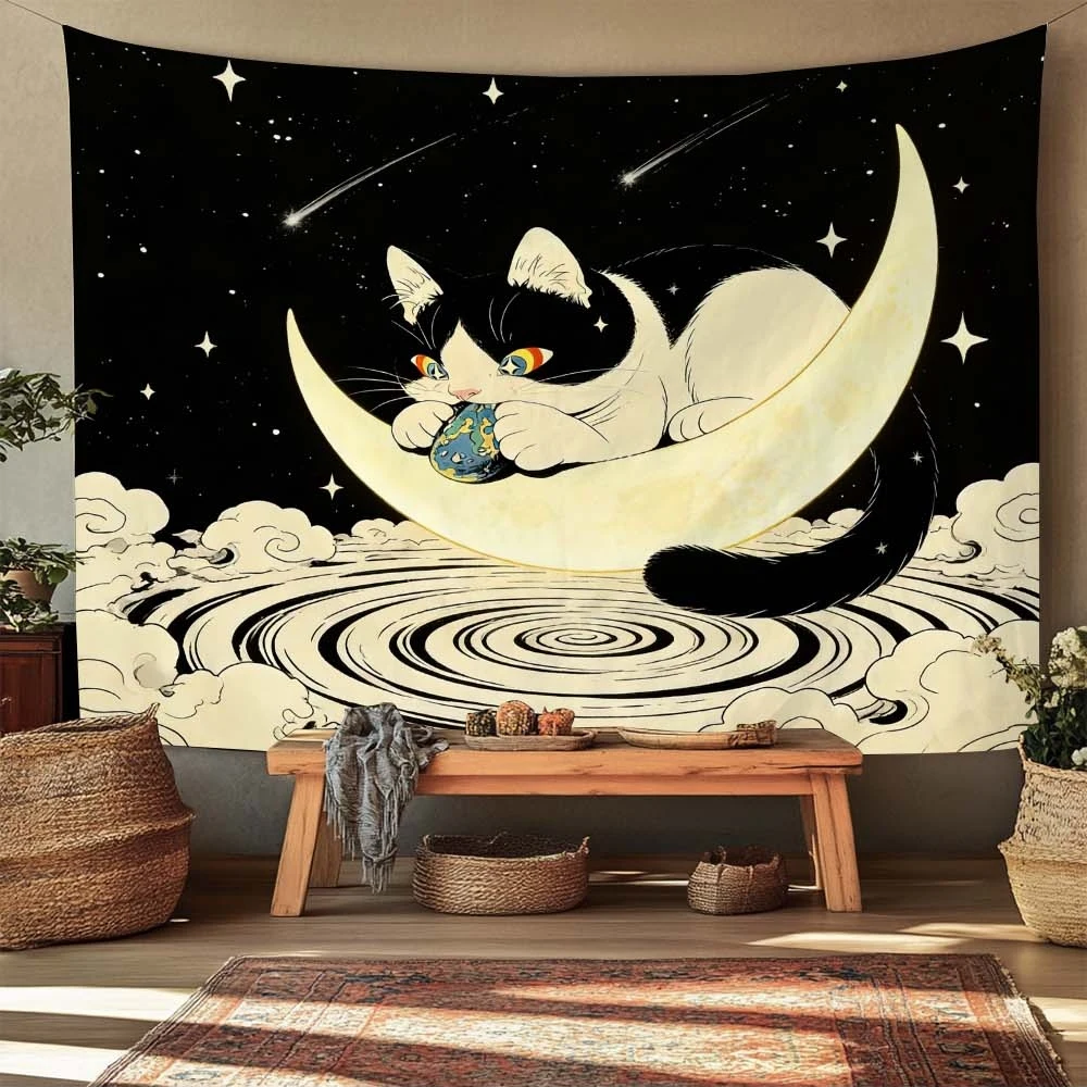 Cosmic Cat on Crescent Moon Tapestry Galaxy Celestial Stars Aesthetic Wall Hanging Polyester Print Boho Home Decor