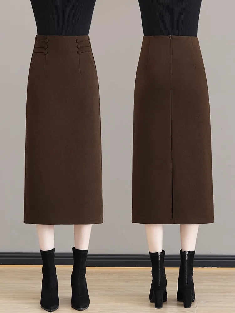 Caramel Woolen A-Line  Skirt High Waist Slim Fit Spring Autumn New Style One Step Open Split Women's Fashion Commute
