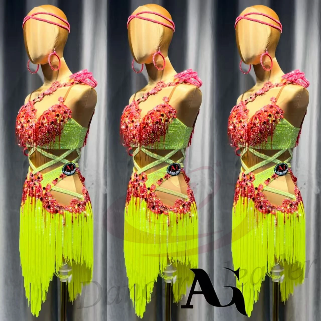 Latin Dance Adult Children'S Dress AB Stone High-End Custom Fluorescent Contrasting Tassel Cha Tango Women'S Clothing