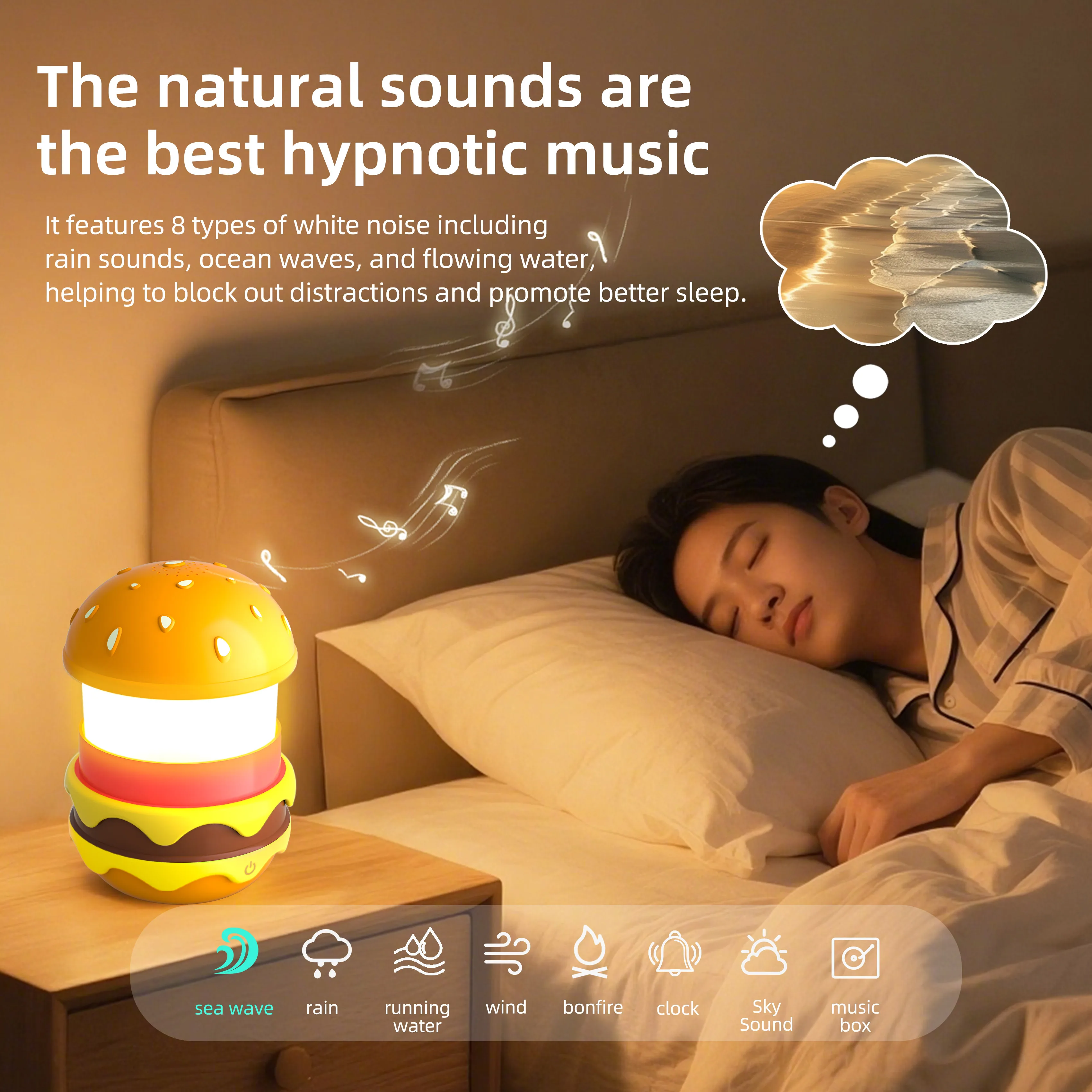 Alto-falante Bluetooth com luz noturna de hambúrguer LED - Máquina de som de ruído branco para quarto de crianças, lâmpada de mesa criativa