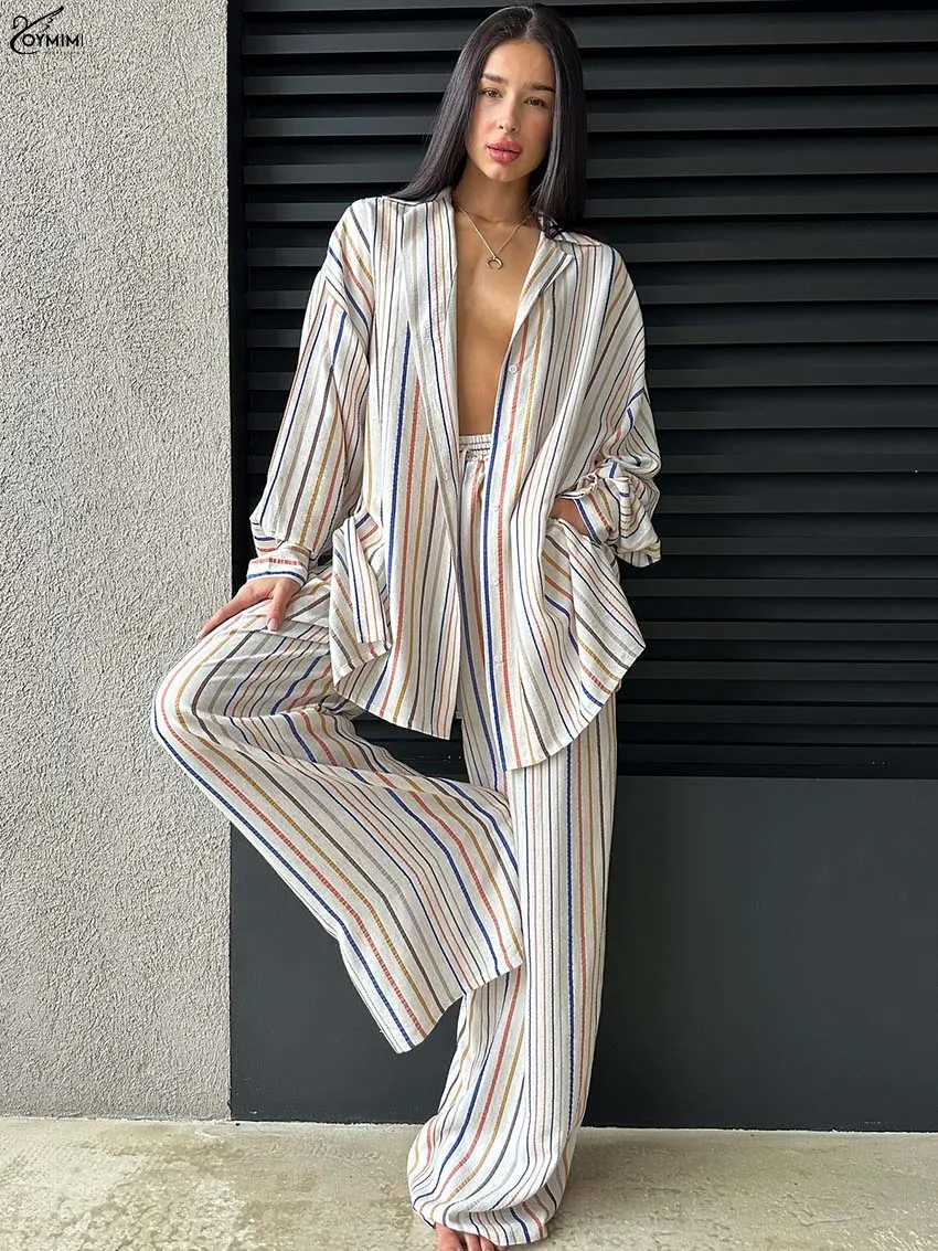 

Oymimi Casual White Print Woman 2 Piece Set Outfit Fashion Long Sleeve Single Breasted Side Slit Shirts And Drawstring Pants Set