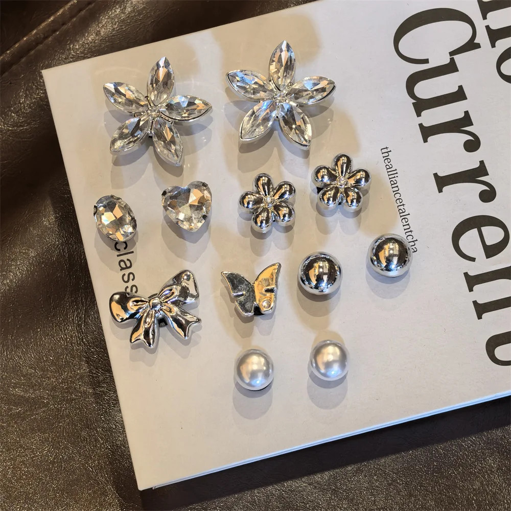 Clog Shoe Charms Silver Rhinestone Flower Gem Bow Faux Pearl Elegant Chic Accessories for Slippers Sandals Travel Lightweight