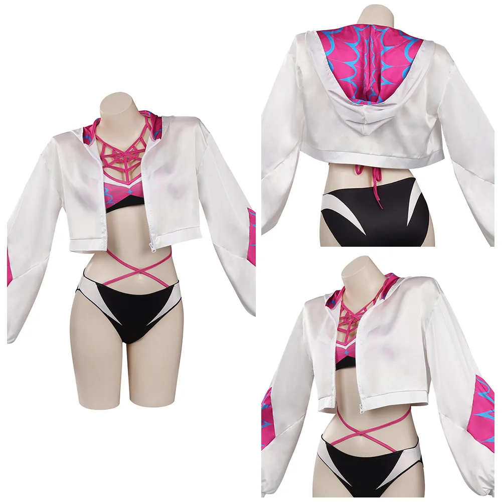 Women's&Girls Gwen Stacy Cosplay Costume Set Bikini Swimsuit with Matching Coat Halloween Carnival Party Disguise Fancy Outfit - view 6
