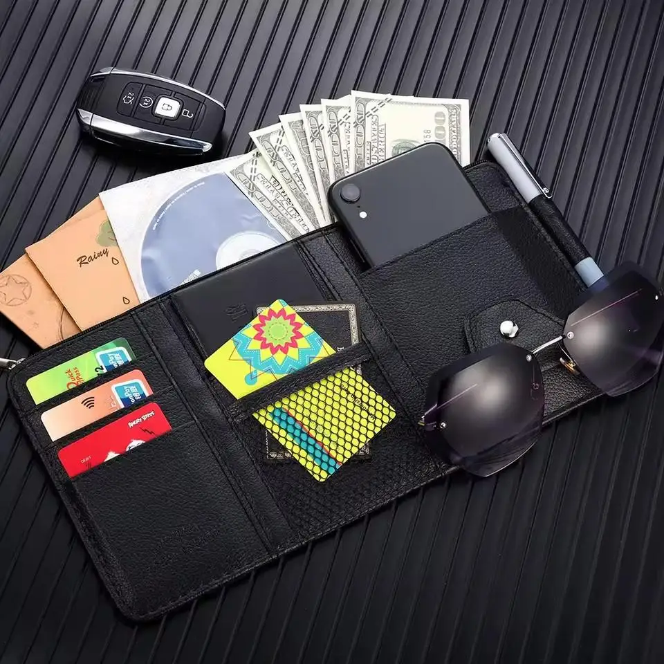 Car Sun Visor Organizer Multi-Pocket Car Document Storage Pouch Pen Holder With Glasses Clip PU Leather Cards Receipts Pouch