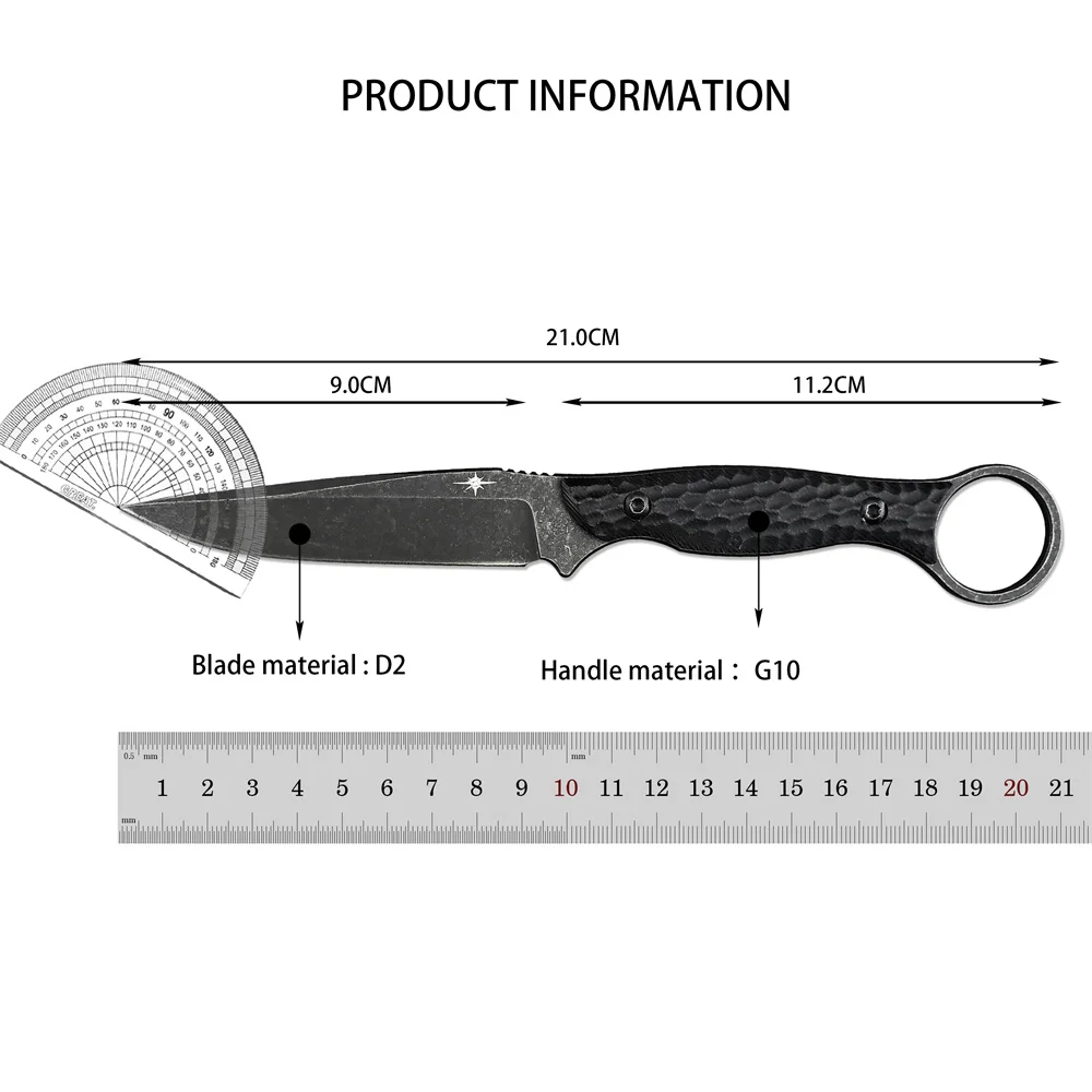 Outdoor TOOR Tactical Straight Fixed Knife D2 Black Stonewashed Blade G10 Handle with Kydex Sheath Self-defense Camping EDC Tool