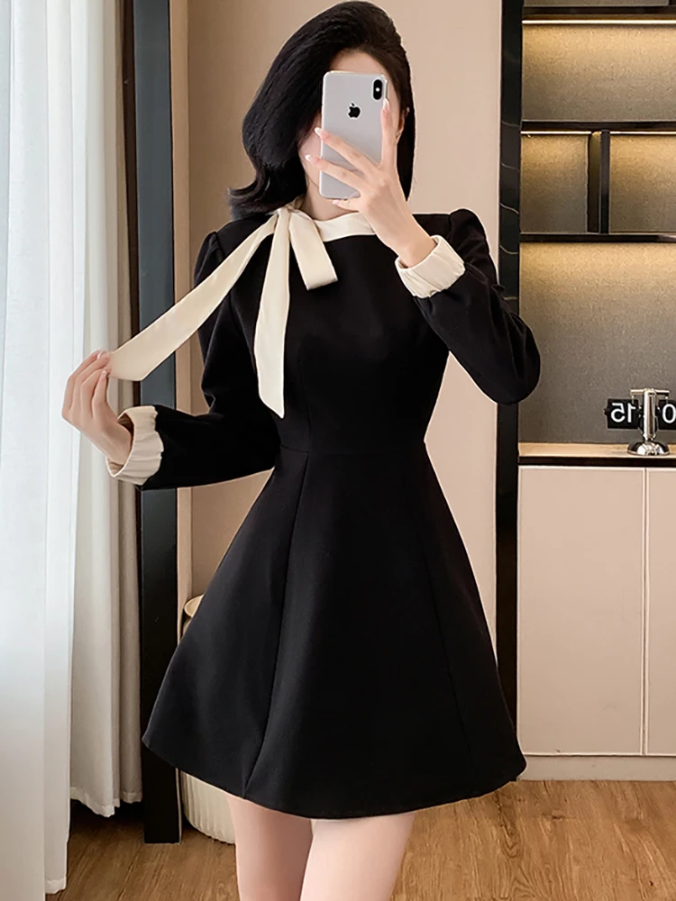 Herfst Winter Zwarte Lange Mouw Chique Boog Kraag Mini Jurk Vrouwen Elegant Casual A-lijn Jurk 2025, Koreaanse Bodycon Festival Jurken