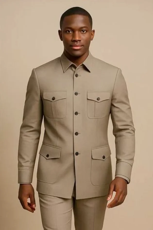 Safari Casual Men Suits with Pockets Stand Collor Chinese Fashion Style Slim Fit Wedding Suit Custom Made 2 Pieces Jacket Pants view 6
