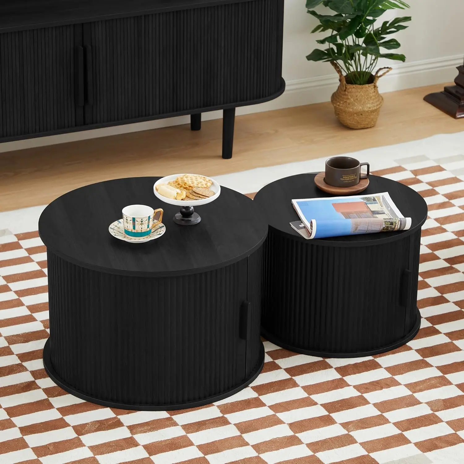 Modern Round Coffee Table Set of 2 with Storage Compartment and Sliding Door, Side End Accent Table for Living Room