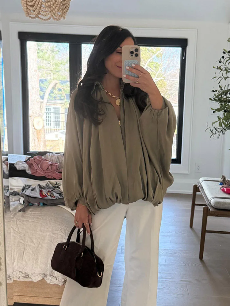 2026 Spring New Woman Zipper Solid Color Casual Loose Coat Women New Fashion Lapel Bat Sleeve Pleated Decoration Slim Jacket Top